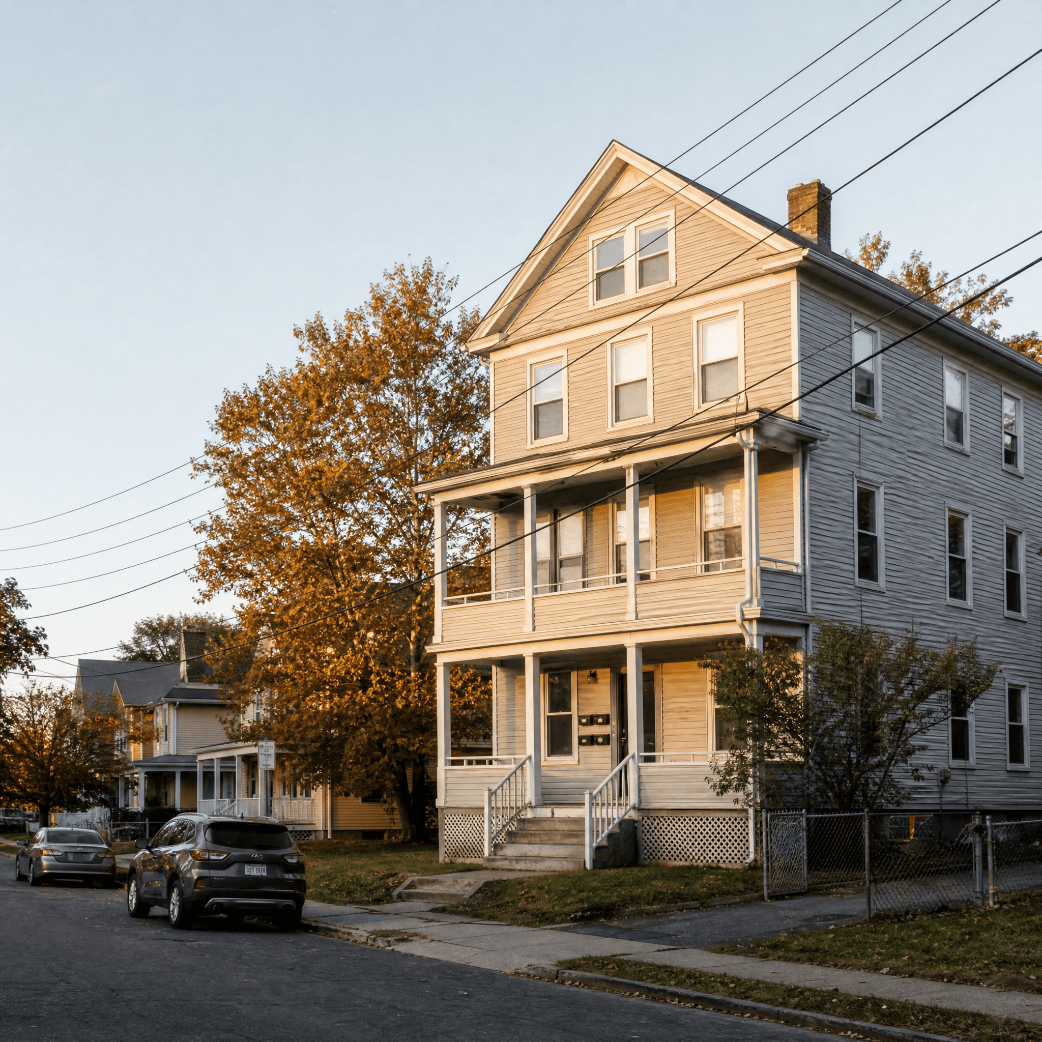 A Connecticut multifamily home in golden-hour light.